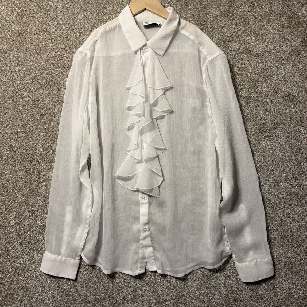 ASOS DESIGN Men XL White Sheer Ruffle Front Pirate Poet Blouse Shirt Long Sleeve